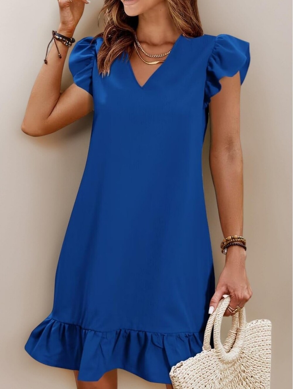 Women's Blue Solid V-Neck Sleeveless Ruffle Hem Short Dress Cap Sleeves XS
